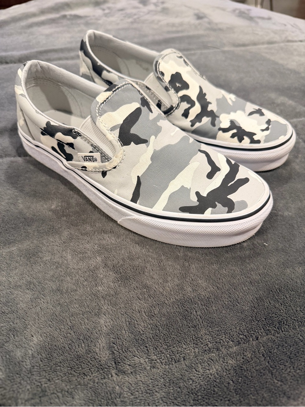 Vans Slip-On Loafers in White and Gray Camo